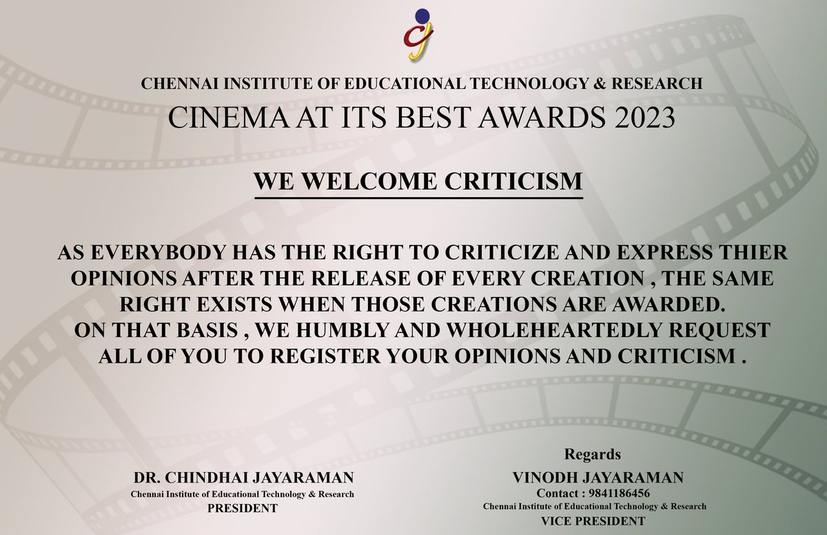 #CAIBAWARDS2023 WE WELCOME CRITICISM RESPECTED FILM MAKERS TECHNICIANS & ACTOR'S & ACTRESS @JPtheactor @mari_selvaraj @vigneshraja89 @karthiksubbaraj @imvinayakk @dir_Mmoorthy @ImRamkumar_B @madonneashwin @PsVinothraj @Hari_pebbles @Harish7061