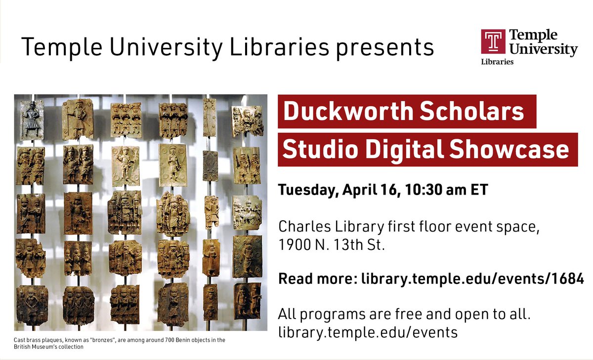 Come check out @templedsc's Digital Showcase on April 16, featuring work by @TUKleincollege faculty fellow @andrewiliadis on Wikidata's 'worldview' and @temple_mcphd graduate extern Mikayla Brown on mapping the looted Benin Bronzes. More info here: library.temple.edu/events/1684