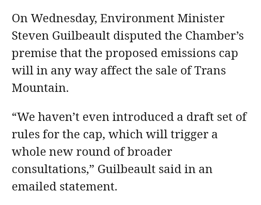 “We haven’t even introduced a draft set of rules for the cap, which will trigger a whole new round of broader consultations,” @s_guilbeault said'

🤨That's pretty much the definition of the kind of investment uncertainty that worries the Chamber. #StopTMX

calgaryherald.com/business/energ…