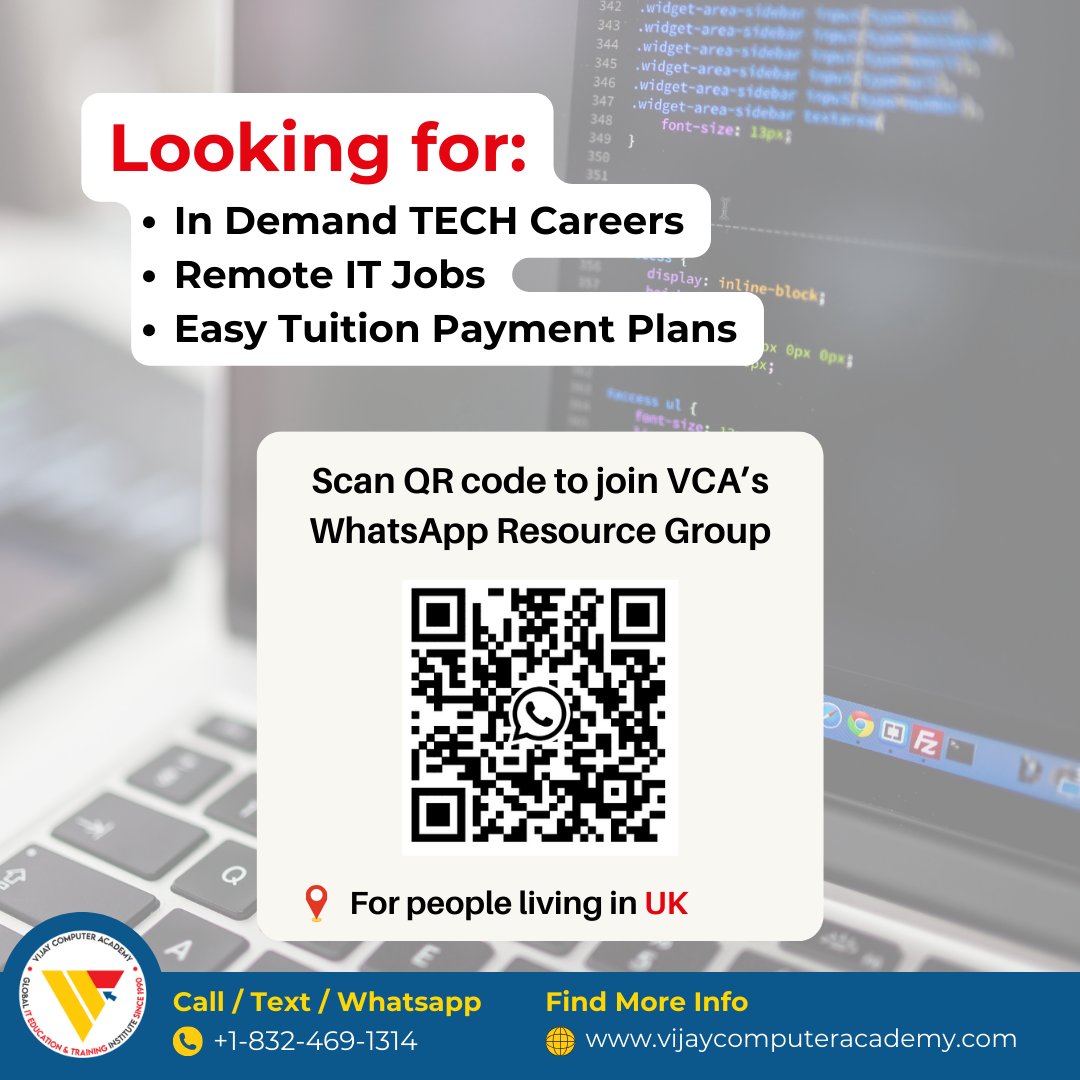 👋🏻 Looking for: - In Demand TECH Careers - Remote IT Jobs - Easy Tuition Payment Plans Join VCA’s WhatsApp Resource Group if you live in the UK. Scan this QR code. Or sign up now vijaycomputeracademy.com/vca-whatsapp-g… Now enrolling in April's new cohorts vijaycomputeracademy.com/inquiry-page/