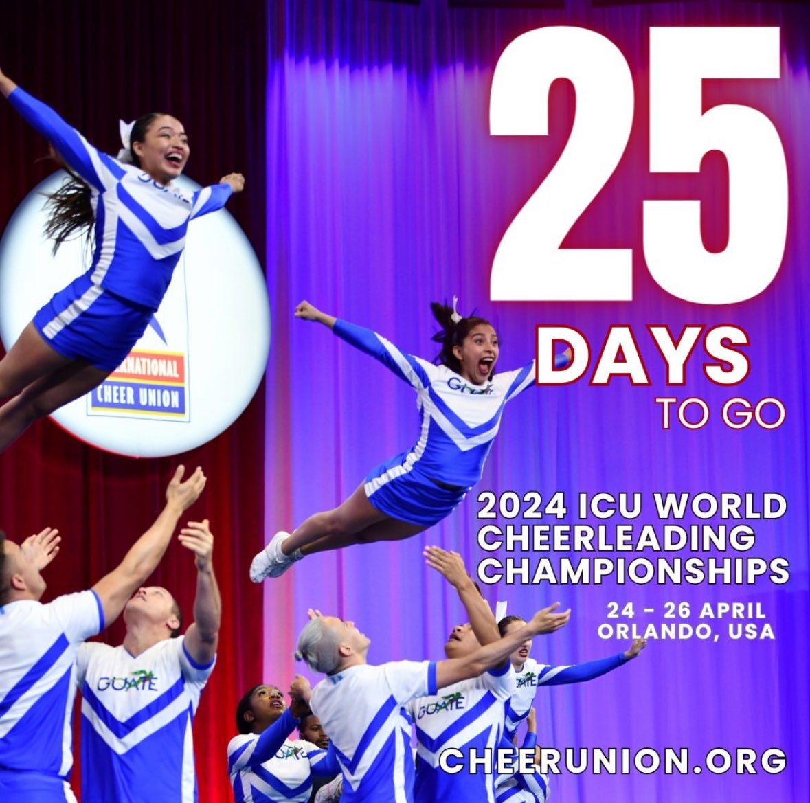 2️⃣5️⃣ days remaining until the 2024 ICU Junior World & World Cheerleading Championships! Visit cheerunion.org/championships/… for complete Championships details & to register #icucheer #cheerleading #performancecheer #ICUWorlds2024