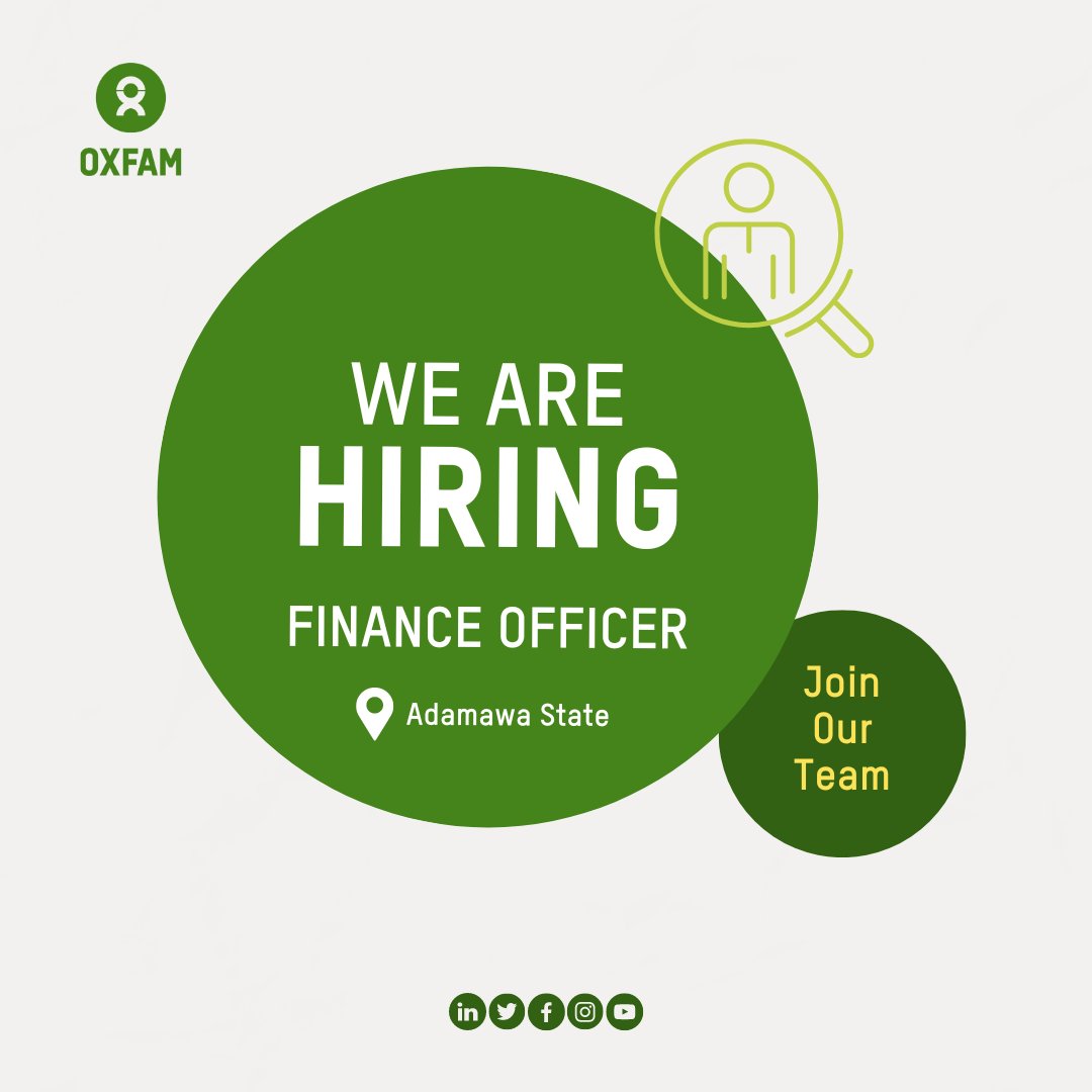 #Hiring: Finance Officer. We are hiring in Adamawa! Qualified candidates are welcome to submit their applications. Apply: jobs.oxfamnovib.nl/job/Yola-%28NG…