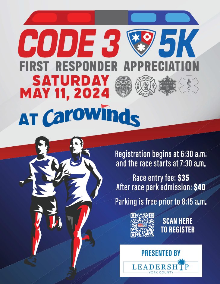 Calling all runners! The Code Three 5K Run, brought to you by Leadership York County. The race will be through Carowinds' Amusement Park while being met with First Responders and their vehicles along the way! Sign up today! #YCSONews