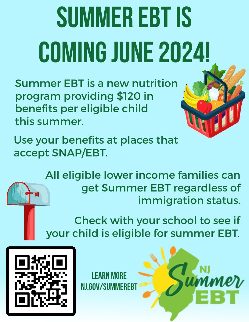 Looking forward to the new NJ Summer EBT program, which will help reduce child hunger by providing benefits to eligible families with school-age children for groceries. To determine eligibility or update your contact info, please contact your school. NJ.gov/summerebt