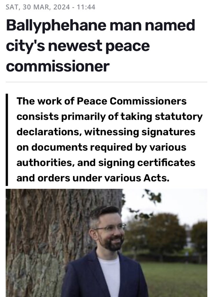 I am honoured to have been appointed as a Peace Commissioner for Cork by the Minister for Justice. A Peace Commissioner is an honorary appointment made by the Department of Justice under the Courts of Justice Act, 1924.