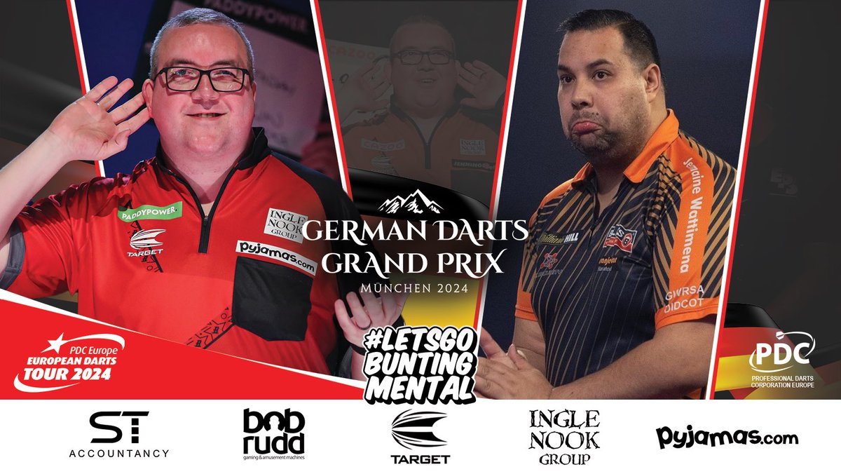 🇩🇪 German Darts Grand Prix second round and I shall be playing Jermaine Wattimena tomorrow afternoon at around 3pm local time (2pm BST). I always enjoy playing in front of the 🇩🇪 German fans, atmosphere is electric. ⚡️ #LetsGoBuntingMental #LGBM 🇩🇪 Ich hoffe, dass meine…