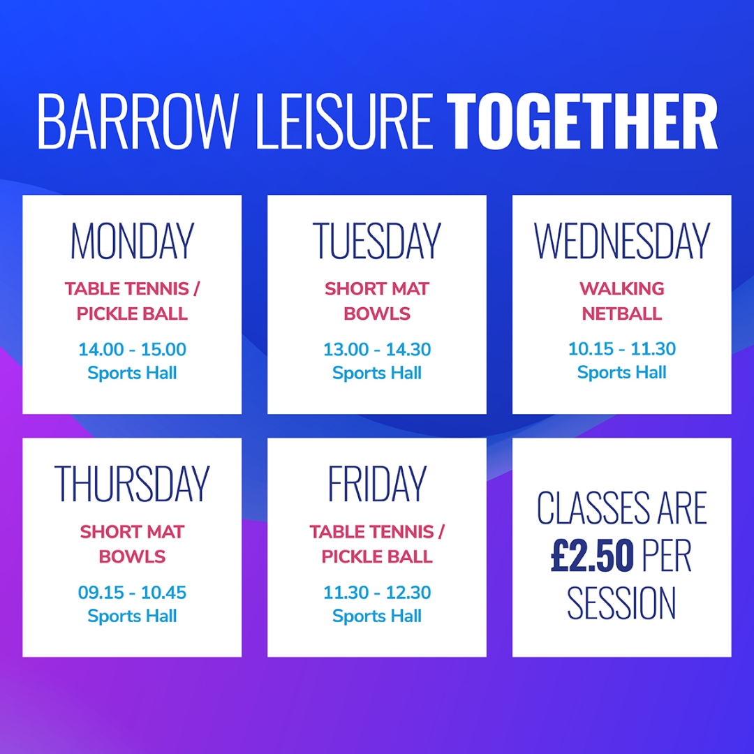 💪Our Together timetable invites everyone 18+ to join in sporting activities, fostering connections, banishing loneliness, and boosting confidence. All classes are £2.50 per session! View our timetable here: barrowleisure.co.uk/fitness-class-… #TogetherStronger #CommunityFitness