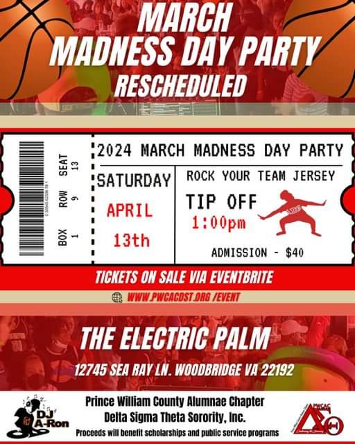Come out Saturday, April 13, 2024 from 1pm to 5pm at the Electric Palm Restaurant, Woodbridge, VA. Guests and Sorors should rep their favorite basketball team jersey, cap, etc. Hope to see you there! Get your tickets today: bit.ly/PWCACMarchMadn… #PWCACDST #MARCHMADNESS