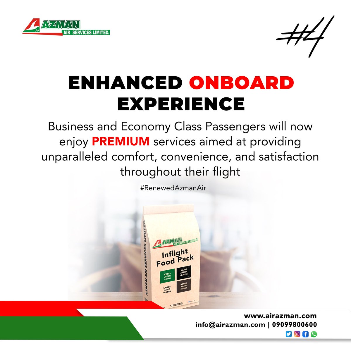 Here we Go!! 4 Things to expect from #RenewedAzmanAir starting from 4th April Seats are selling Fast! Kindly book now on airazman.com #LetsFlyAzmanAir