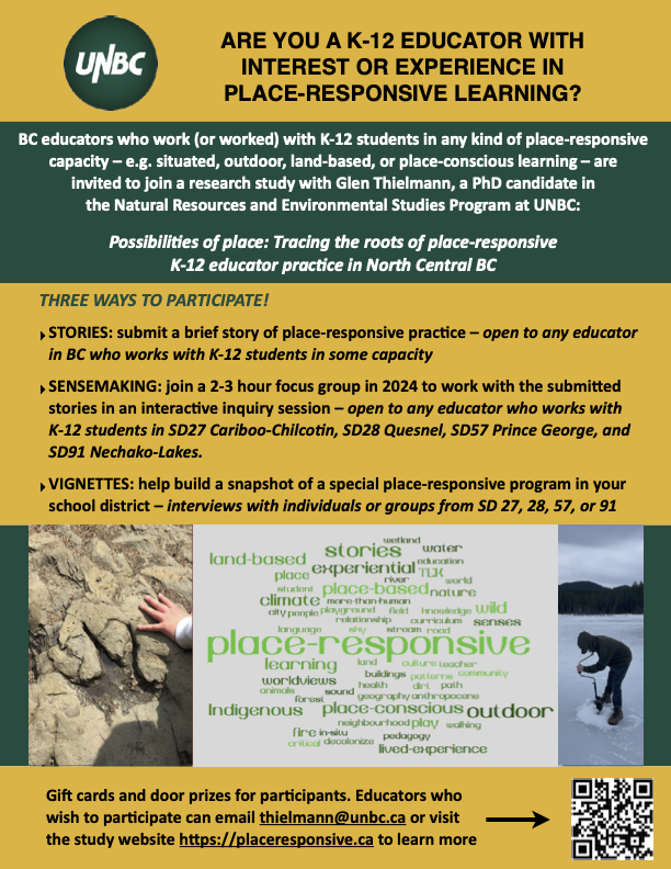 Gillian Judson, PhD (@perfinker) on Twitter photo Calling all BC educators! If your work with K-12 connects or responds to place, please consider participating in this research study led by <a href="/gthielmann/">Glen Thielmann</a>
Info: placeresponsive.ca
#placeresponsive #storywork #getoutside #bced #walkingcurriculum #imaginED #EYwalkingcurriculum Calling all BC educators! If your work with K-12 connects or responds to place, please consider participating in this research study led by <a href="/gthielmann/">Glen Thielmann</a>
Info: placeresponsive.ca
#placeresponsive #storywork #getoutside #bced #walkingcurriculum #imaginED #EYwalkingcurriculum