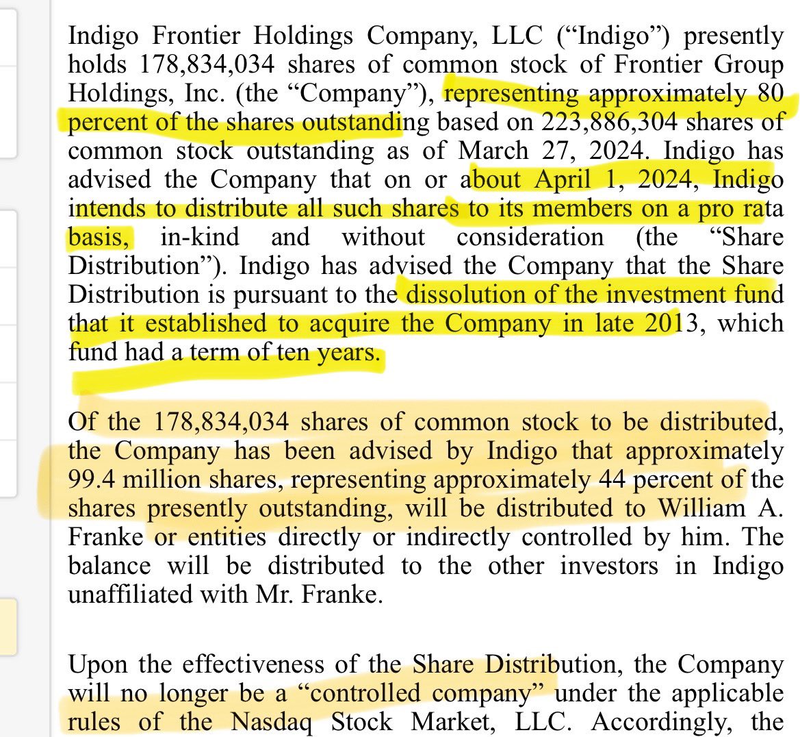 ULCC

Is there anything to do here? 

Obviously a 10 yr fund maturing & liquidating shouldn’t surprise anyone.

But float 2.5x from 20% to 55%, & that 35% newly unlocked owners might be much less interested in being minority holdings in a sub scale, low end airline…