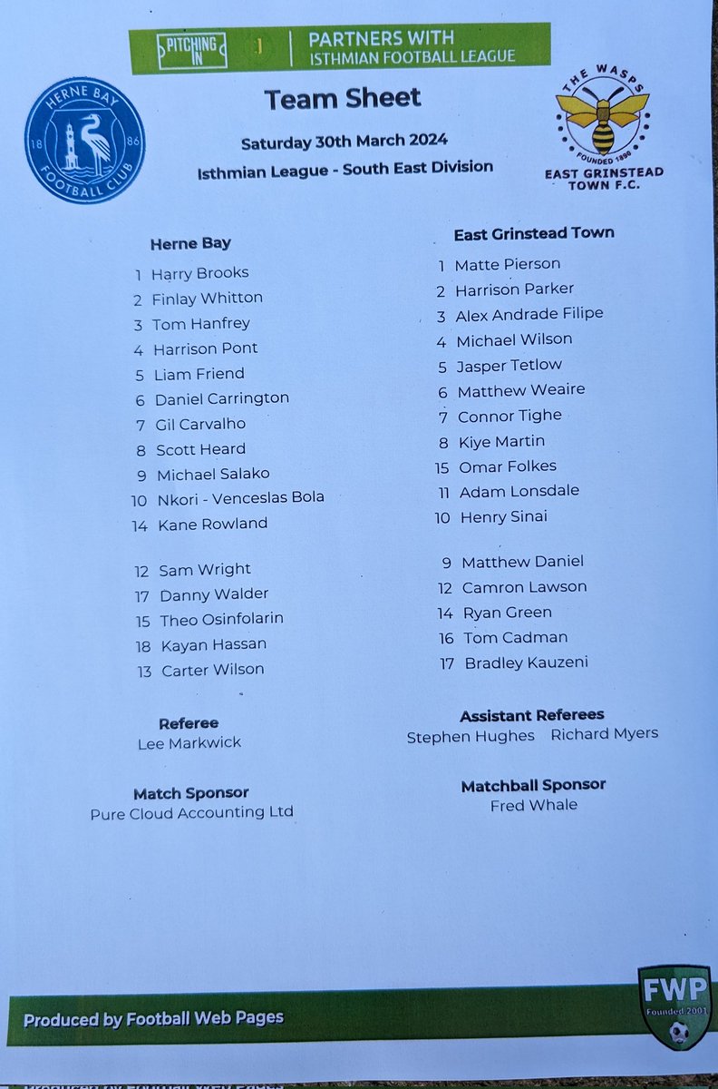 #EasterFootball Today, @HerneBayFC host @egtfcwasps in an @IsthmianLeague SE Division game. #TgeBay are looking for three points to keep them in contention for a play off spot Printed programme & team sheet bonus. @nlprogs @NonLeagueCrowd