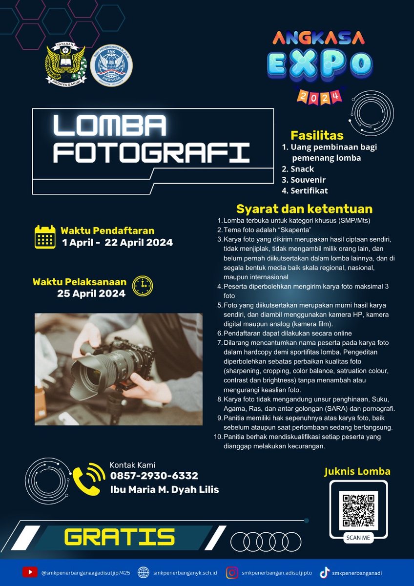 Angkasa Expo dimeriahkan lomba2x dg hadiah uang pembinaan. Yukss bagi adik2x siswa/i SMP.
SMK Penerbangan AAG Adisutjipto Sleman