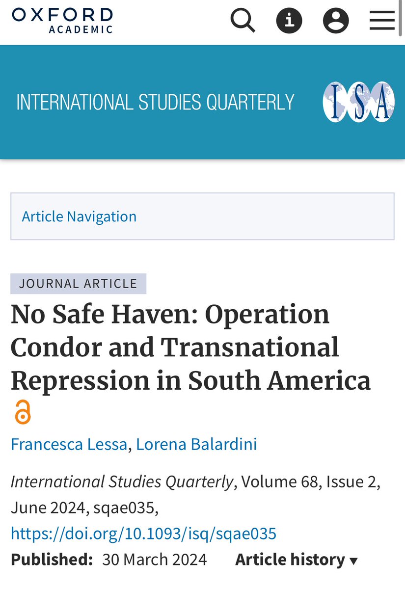 ✨Delighted to share this new open access article “No Safe Haven: Op Condor and Transnational Repression in South America” written with @LorenaBalardini published today in @ISQ_Jrnl @UCLAmericas academic.oup.com/isq/article/68…