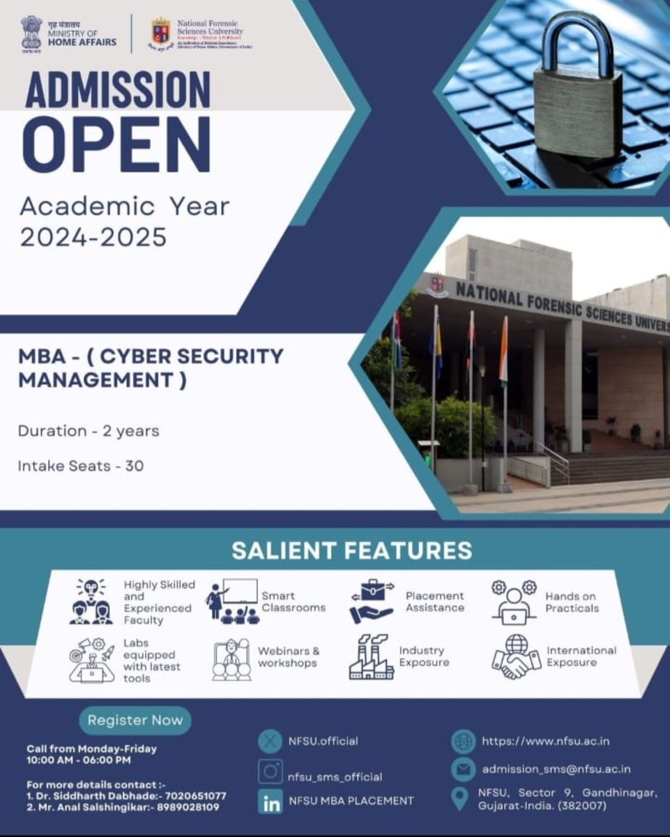 Admissions are open for the academic year 2024-25. For more details visit website - nfsu.ac.in/admission or call the numbers given on the flyer.