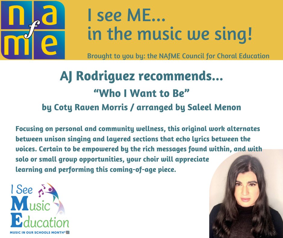 NAfME's tweet photo. The NAfME Council for Choral Education is celebrating #MIOSM with “I See ME… in the music we sing!” a series of choral repertoire and composer recommendations #MusicIsMe https://t.co/r2sU6zdKBM
