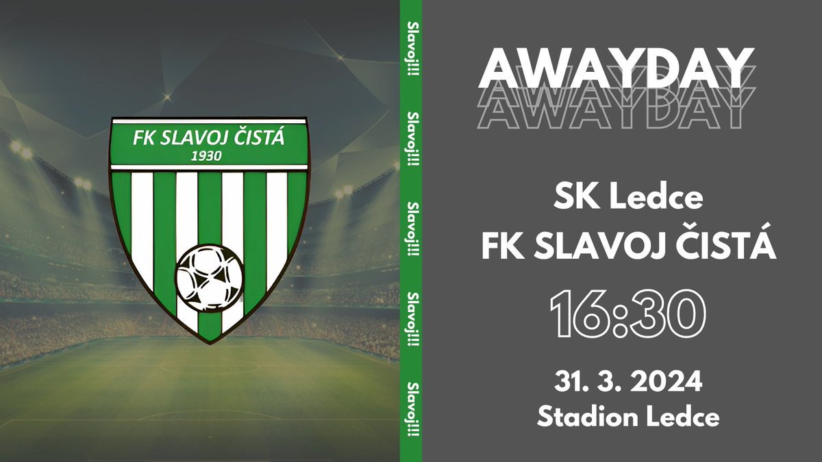 SlavojCista's tweet photo. Všichni na výjezd⚪️🟢. 
Zítra od 16:30 nás čeká utkání proti SK Ledce na jejich tamním stadionu. Vezměte babičky, dědy, přítelkyně nebo snad i milenky, abychom vytvořili pro naše kluky domácí atmosféru. 
Slavoj!!! https://t.co/g3UAGm19pb