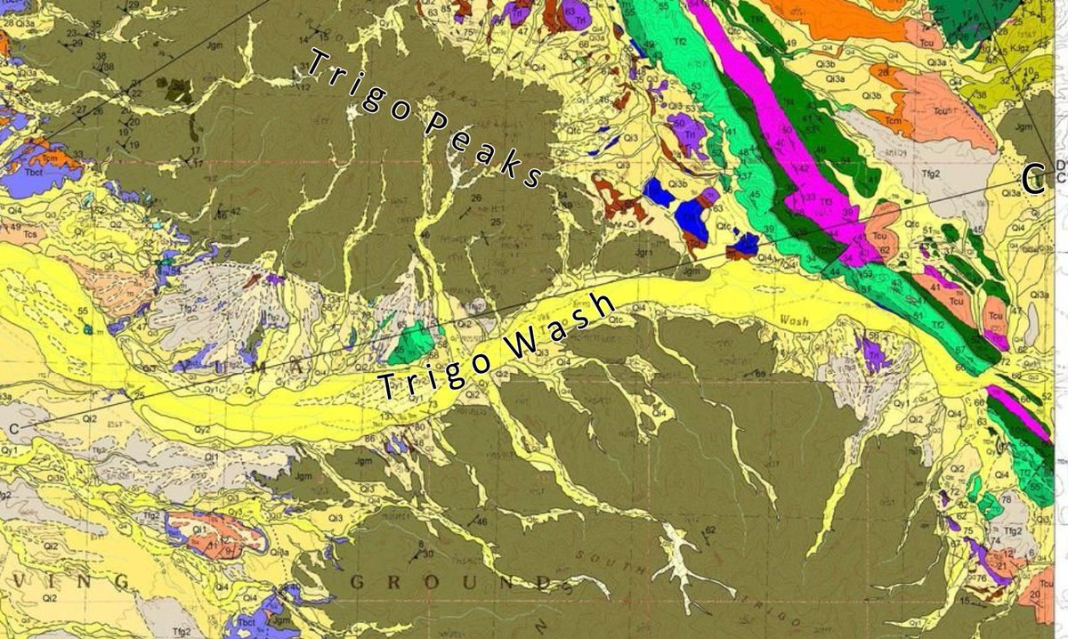 AZGeology's tweet photo. The  rugged North Trigo Peaks are located in SW Arizona’s Basin &amp;  Range Province. The #granite and granodiorite of the Peaks is abutted to  the east by a NW-SE trending 300-foot-high ridge comprising four  #Oligocene-Miocene (~ 23 Ma) volcanic #tuffs. https://t.co/AtwkZIfwRX https://t.co/lokFM640Tu