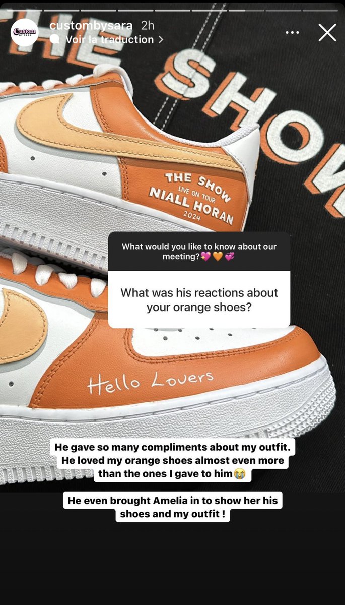 Niall a adoré les chaussures oranges que portait Sara et il a appelé Amelia dans la pièce pour qu’elle vienne les voir! (via custombysara)