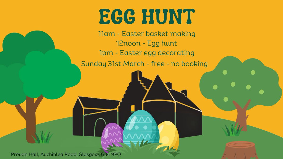 ProvanHall's tweet image. TOMORROW
Basket making, Egg hunt and Easter egg decorating at Provan Hall this Easter Sunday from 11am. All free and family friendly. 

#eastercrafts #easter #provanhall #glasgow #easterholidays #familyfriendly #freefun