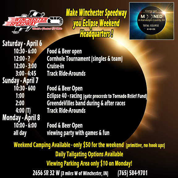 #SolarEclipse2024 is going to be a busy one. You can escape the big city congestion and have fun in a rural setting with plenty of activities planned at Winchester Speedway