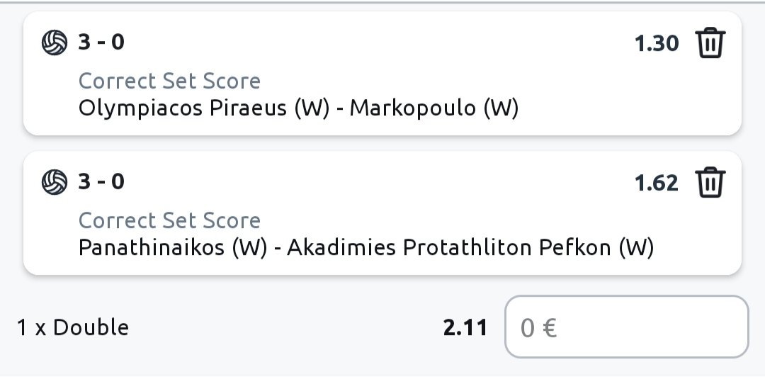 Volleyball
🇬🇷 Greece Women

16:00 UTC 
Olympiacos Piraeus w vs Markopoulo w
• 3-0 final score

18:00 UTC
Panathinaikos w vs Pefkon w
• 3-0 final score 

Double, Total Odd 2.11 stoiximan
(3 units)