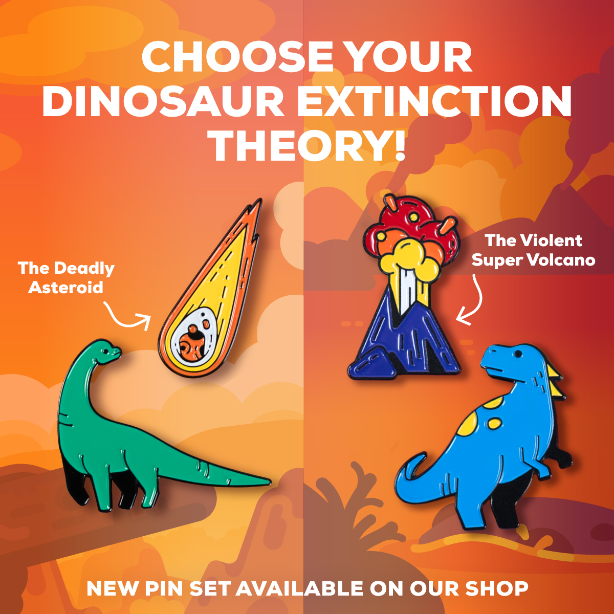 Someone caused the dinosaurs' extinction and we need to find out who! Was it the asteroid impact 🦕☄️ or violent volcanic activity 🦖🌋? Well, there is evidence for both! Pick your favorite theory and show it to the world with our brand-new Dino Pin Set: kgs.link/4cqpxf8