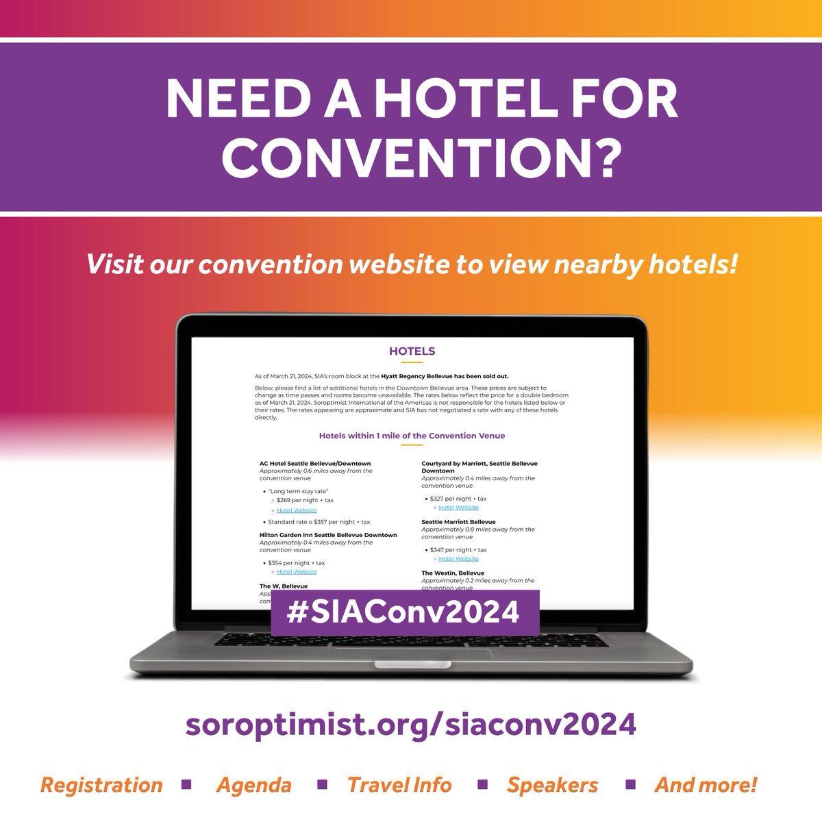 As of March 21, 2024, SIA’s room block at the Hyatt Regency Bellevue on Seattle’s Eastside is sold out. You can find a list of additional hotels in the Downtown Bellevue area on our convention website. Visit soroptimist.org/siaconv2024 #SIAConv2024