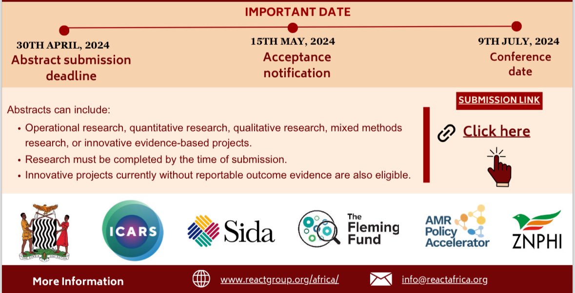 🔊CALL FOR ABSTRACTS! Join us at the ReAct Africa and @South_Centre Annual #AMR Conference 2024! Share your groundbreaking research on antimicrobial resistance with global experts. Submit your abstracts here: shorturl.at/entB0 Submission Deadline: April 30, 2024.