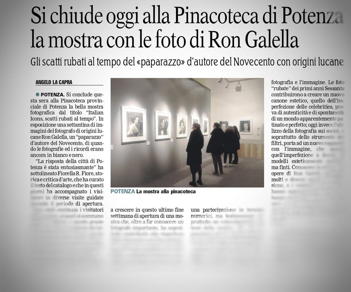 Ricordiamo al pubblico che oggi è l’ultimo giorno x vistare la mostra: "Ron Galella-Italian Icons". 
Progetto promosso da <a href="/CRBasilicata/">CR Basilicata</a> è supportato da #SoutHeritage nell’ambito d'interesse della fondazione x la #fotografia quale pratica inserita a pieno titolo tra le arti visive