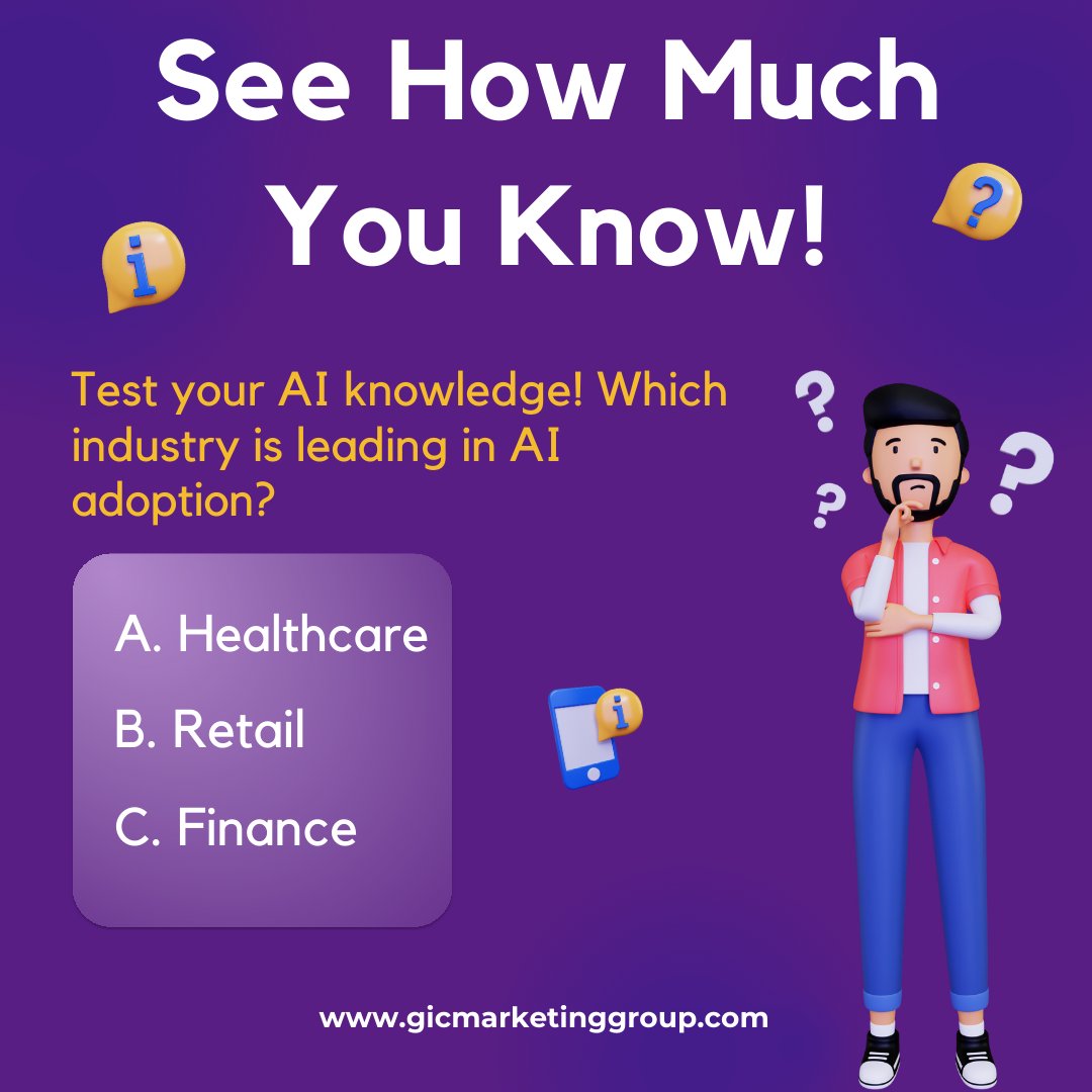 Challenge your AI knowledge! Which industry leads in AI adoption?
.
.
#quiz #quiztime #quizinstagram #gk #upsc #currentaffairs #ssc #trivia #quizzes #facts #knowledge #generalknowledge #kuis #giveaway #fun #india #quiznight #education #pubquiz #ias #quizzing #instagram #dailyquiz