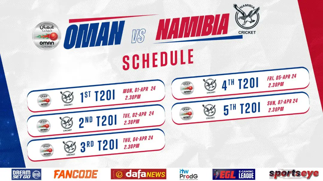 Mark your Calendars! 🗓️ Namibia 🇳🇦 tour of Oman 🇴🇲 for a 5 T20I's affair starting 1st April! 🔥🏏 Catch all the action live and follow for updates! 📲 💻🏟️ Free Entry to All at the Grounds! 🎫 #OmanCricket #OMNvsNAM #Explore #Cricket #Oman @CricketNamibia1