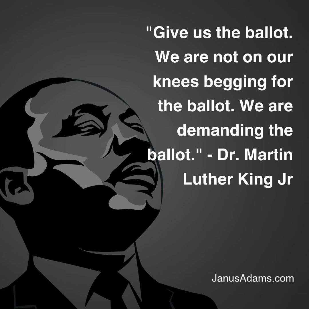 JanusAdams's tweet image. Dr. Martin Luther King Jr. stood in Brown's Chapel African Methodist Church in Selma, Alabama, and voiced a powerful call to action: "Give us the ballot. We are not on our knees begging for the ballot. We are demanding the ballot." 

buff.ly/3mkblN4

#VotingRights