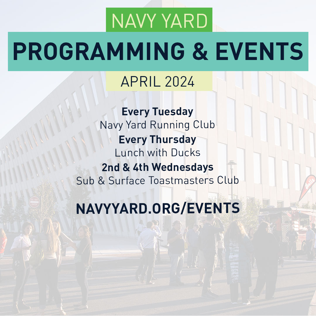 Spring is here!! So come down and #discovertheyard this April. Join a team in the intramural sports league, watch some ducks, join the running club, bring your child to work, and more. Visit our Events page or read our blog navyyard.org/blog/22-2024/ for more information.