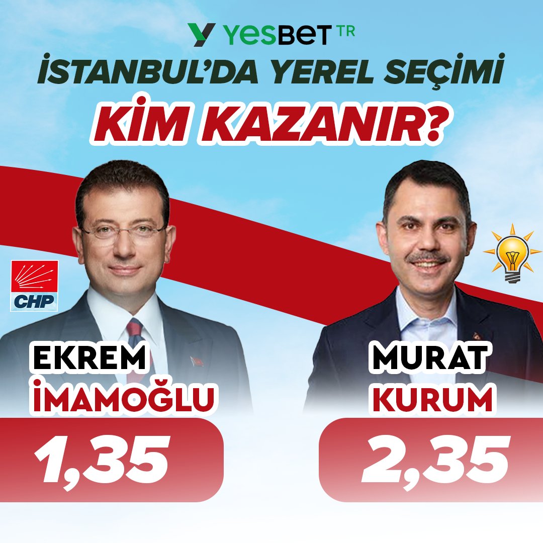 ResmiYesbet's tweet photo. İstanbul Büyükşehir Belediye Başkanı seçimlerinde kim kazanır ?
✅Ekrem İmamoğlu 1.35
✅Murat Kurum 2.35
✅Buğra Kavuncu 15.00
✅Diğer 24.00
#secim2024 #imamoğlu #MuratKurum #ibb #istabul #yesbet #denemebonusu