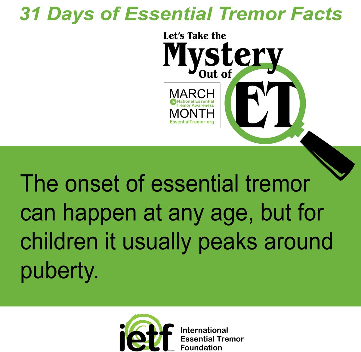 The onset of ET can happen at any age but for children is usually peaks around puberty. The handout 'Children with Essential Tremor' includes tips for parents, teachers and other caregivers. essentialtremor.org/wp-content/upl… #ETAwareness24