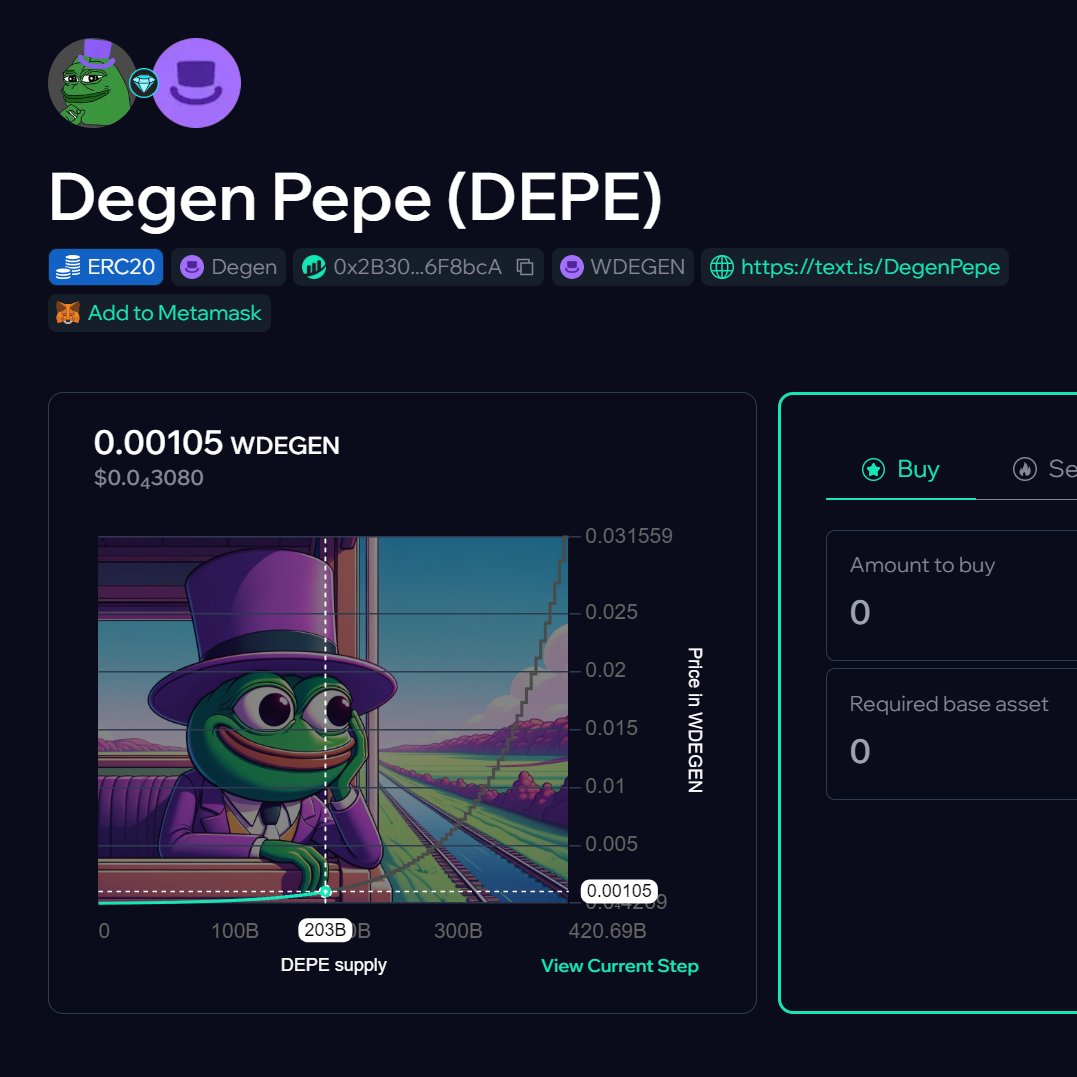 DEPE: The First Memecoin On Degen L3 

Automated Liquidity &amp; Impossible to Rug 🧠

Max Supply: 420,690,000,000 DEPE
Starting Price: 0.00004269 $DEGEN
Final Price: 0.031558690225889 $DEGEN (739x from the initial price)
Price increases by 6.9% for 100 steps
Max TVL Target: 2.054B