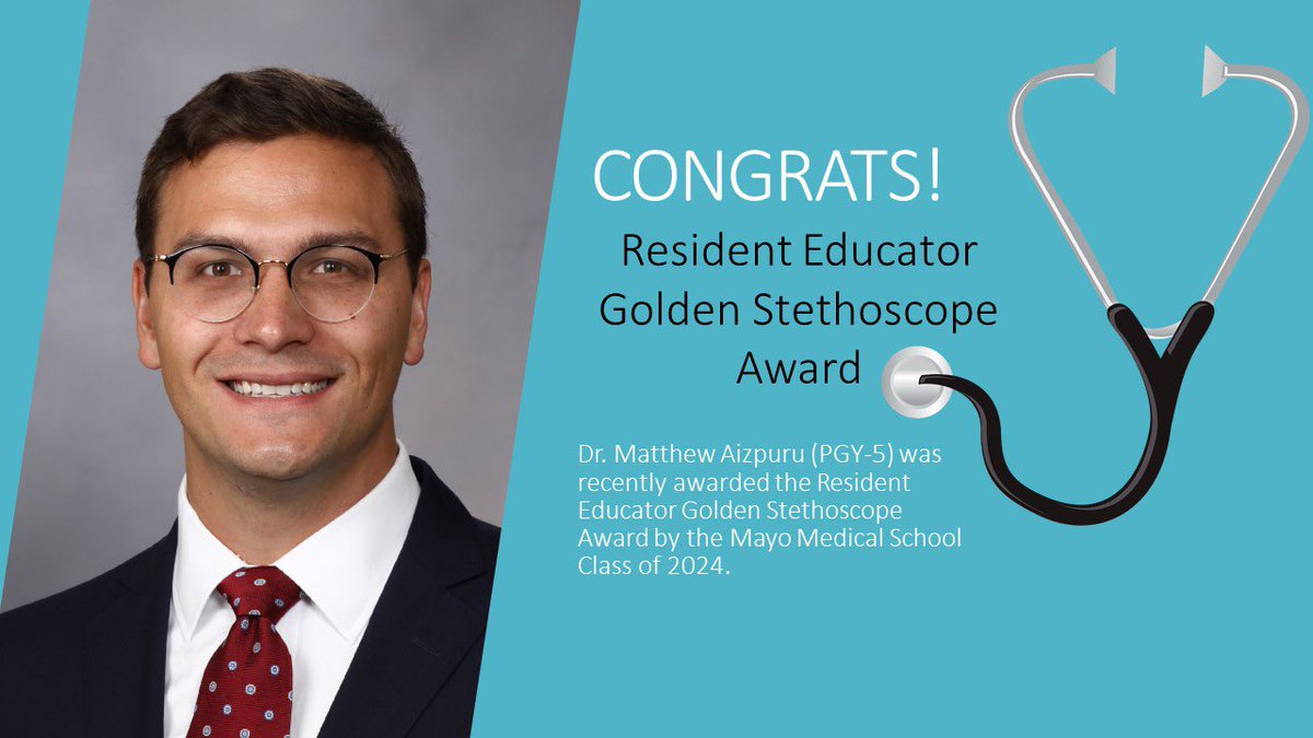 Mayo Clinic General Surgery Residency (@mayosurgery) on Twitter photo Congratulations to our Chief Resident Dr. Matthew Aizpuru for being recognized by <a href="/MayoClinicSOM/">Mayo Clinic Alix School of Medicine</a> Class of 2024 for his commitment to medical student education. This is Dr. Aizpuru’s second nomination! Congratulations on this prestigious honor!
#MayoSurgery #leftglovefirst Congratulations to our Chief Resident Dr. Matthew Aizpuru for being recognized by <a href="/MayoClinicSOM/">Mayo Clinic Alix School of Medicine</a> Class of 2024 for his commitment to medical student education. This is Dr. Aizpuru’s second nomination! Congratulations on this prestigious honor!
#MayoSurgery #leftglovefirst