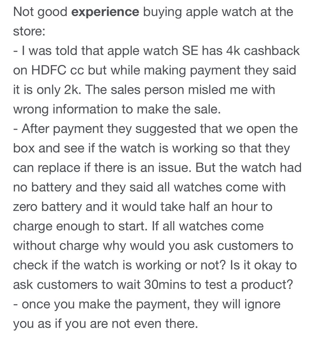 SwatiSiingh's tweet photo. @imaginebyample My experience today at the HSR Layout, Bangalore store. Not the first time when I had this experience. Had a similar experience while buying a phone last year. @Apple #badsales #badexperience https://t.co/rAygtIziAD