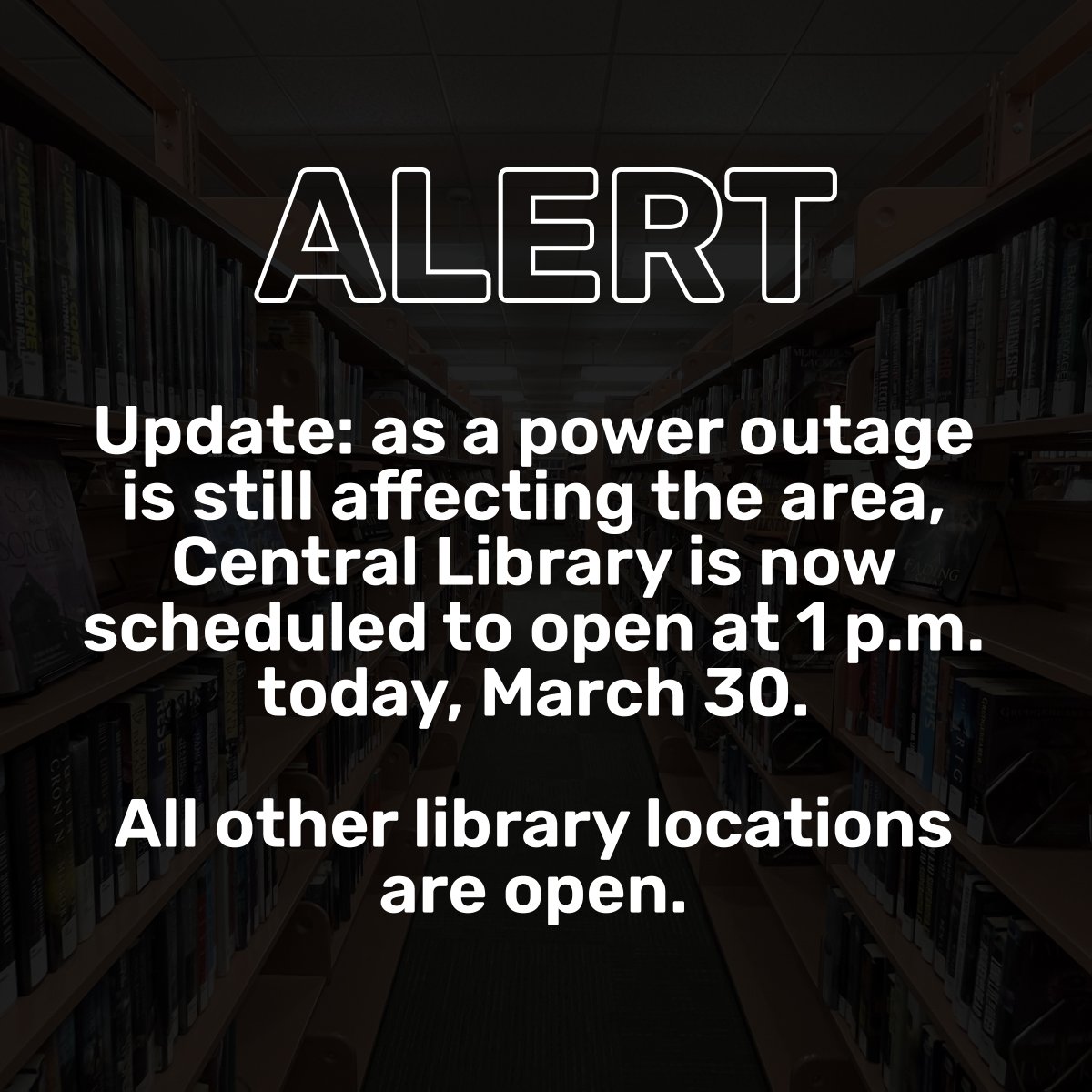 UPDATE: As a power outage is still affecting the area, Central Library is now scheduled to open at 1 p.m. today, March 30. Visit our website for the latest status updates. 🔗 library.arlingtonva.us