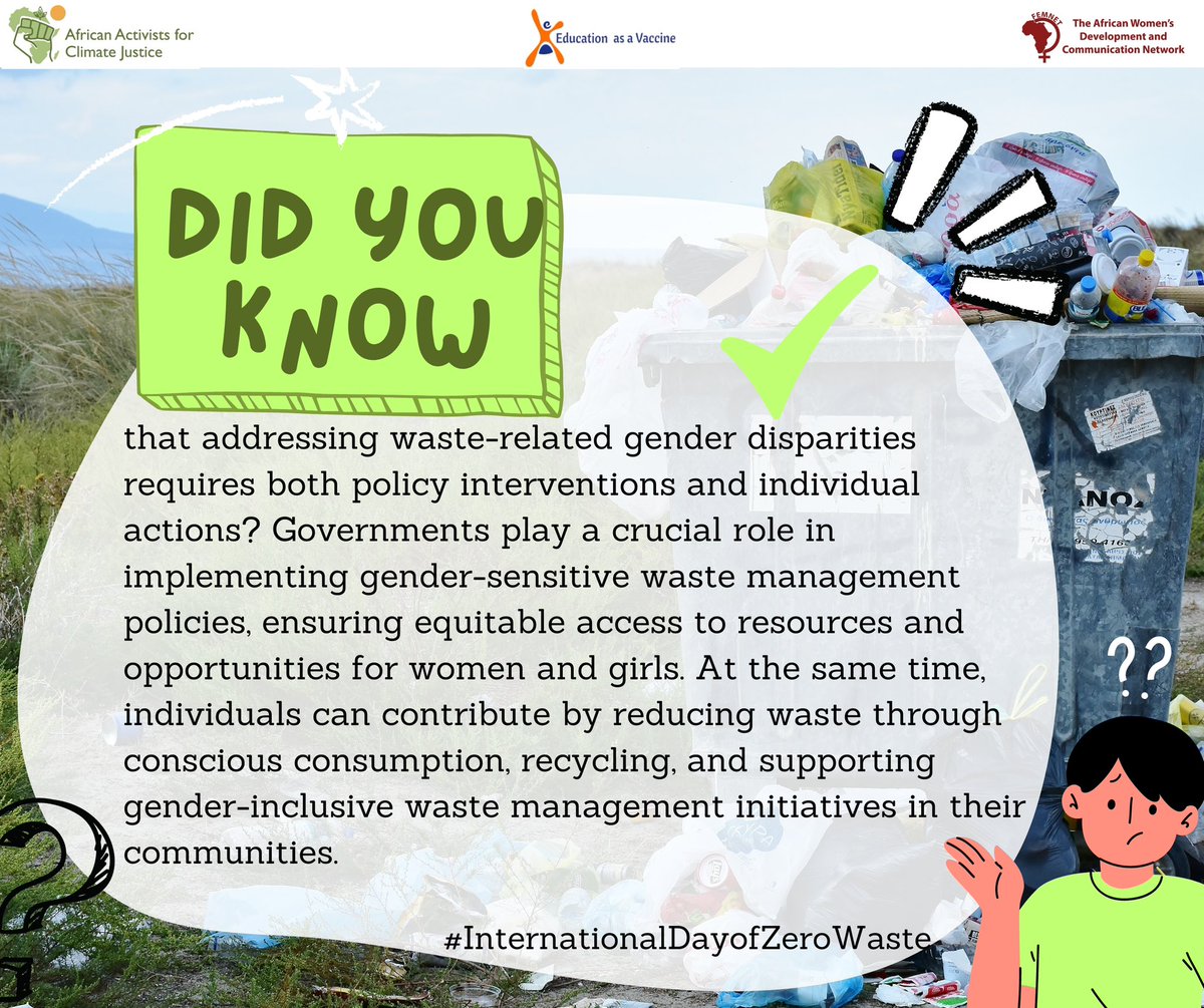 On this #InternationalDayofZeroWaste let's recognize the interconnectedness of waste, climate crisis, and gender equality. Let's empower women and girls to become agents of change in waste management, while also prioritize waste reduction. #AACJFSMA