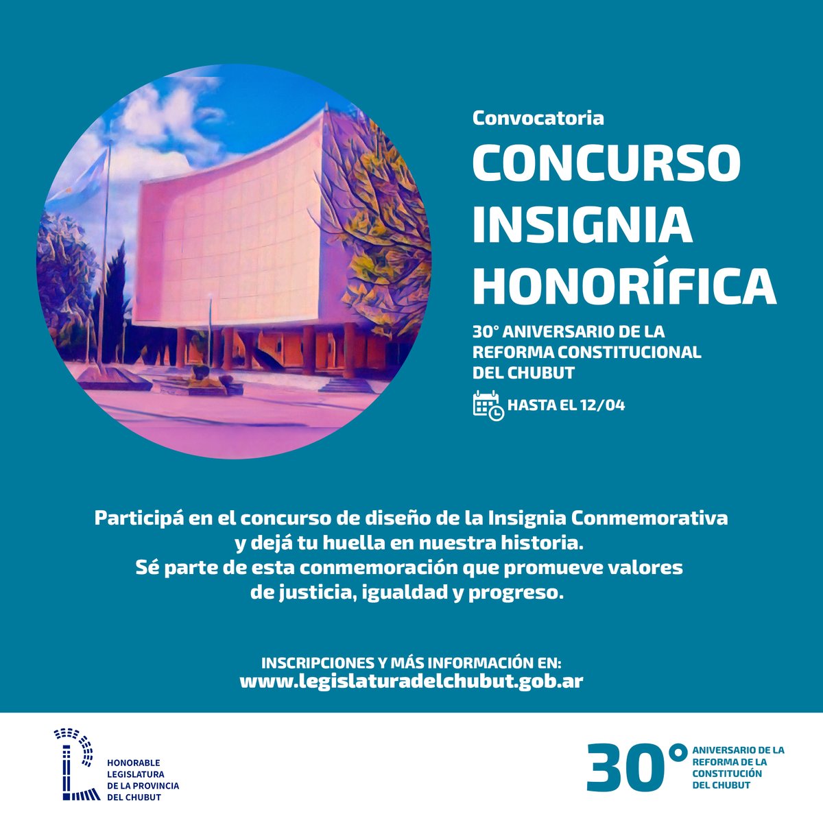 ‼️ Últimas dos semanas para participar del concurso para diseñar la insignia de los 30 años de la Reforma Constitucional. 🔛 Las inscripciones se abrieron el 15 de marzo y el plazo es hasta el 12 de abril inclusive, a través de la web legislaturadelchubut.gob.ar. (...)