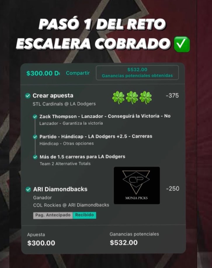 PRIMER PASO DE NUESTRO RETO ESCALERA COBRADO ✅✅✅

Hoy vamos por el paso 2 🍀

GRUPO GRATUITO: t.me/moniapicks