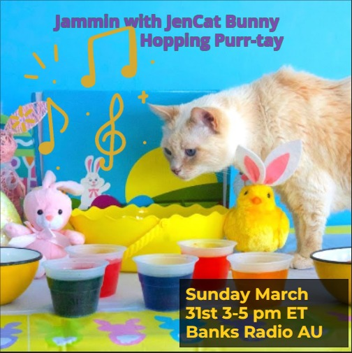 Jammin with JenCat😽❤️🎶Bunny🐰Hopping Purr-tay on @BanksRadioAU 🇦🇺 March 31st, Sun 3-5 pm ET, or look for your local times. #NewMusic #indieartist #banksradio Chat is open. banksradio.com banksradio.com/chat Airing: Masi Masi @stoneheaddrums @mbotteband