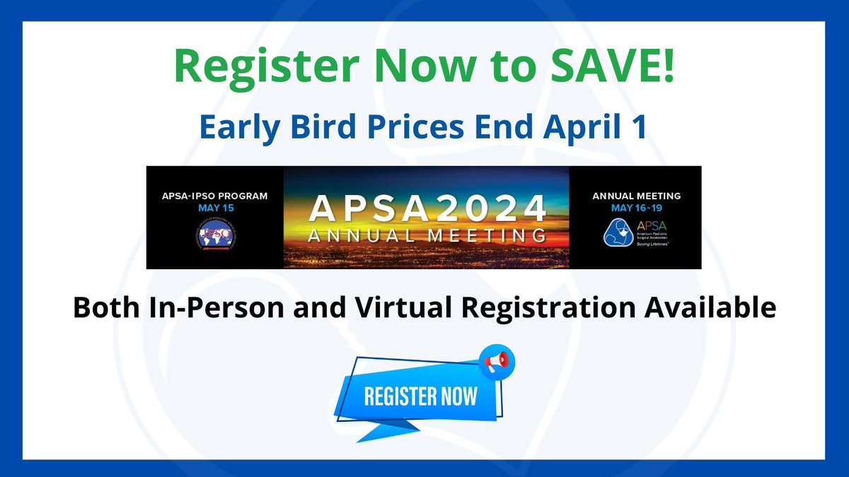 Register now to SAVE! #APSA24 early bird prices end April 1. With both in-person and virtual registration options, everyone can attend! Join us in the sunshine or online to #InformAndInspire. Register before it's too late: buff.ly/49mThH4 @IPSO_PedSurgOnc #SoMe4PedSurg