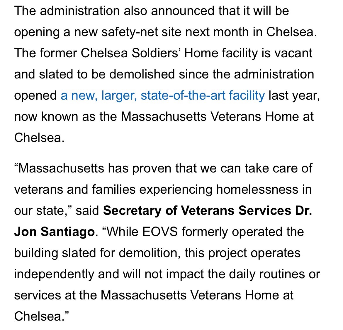 To clarify what’s actually happening here: Migrant and homeless families are being placed in the FORMER Chelsea Soldiers’ Home, which is vacant and slated for demolition. Veterans have already moved into the new facility on the campus.