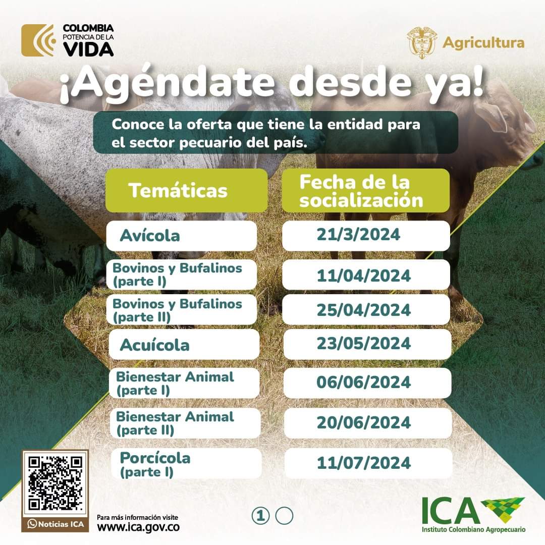 ICACOLOMBIA's tweet image. Te invitamos a conectarse a las socializaciones #virtuales en las que daremos a conocer la oferta institucional que tiene la Subgerencia de Protección #Animal del ICA para las especies de producción pecuaria. 🐱🐴🐮

 ¡Te esperamos! ✅
