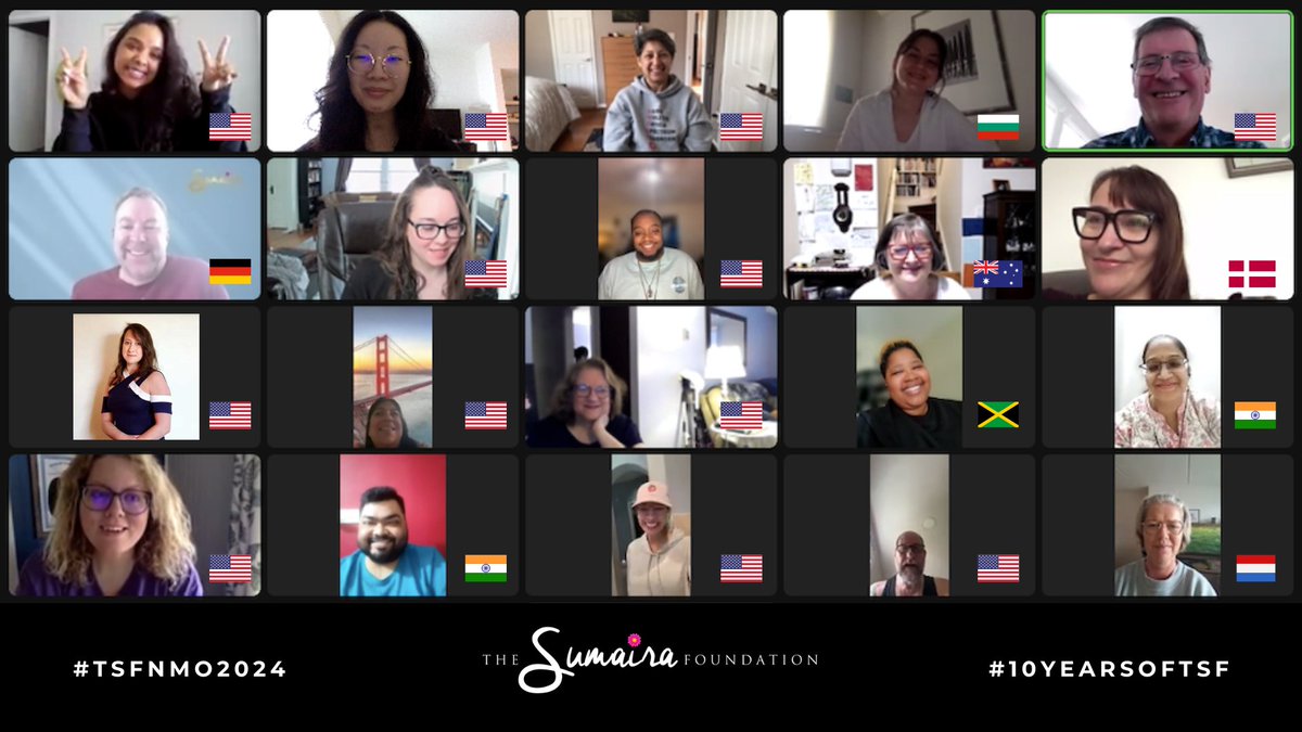 At TSF's 1st Global Meet &amp; Greet, we we were joined by 21 patients from Australia, Bulgaria, Denmark, Germany, Holland, India, Jamaica and the US.

Happy #NMO Awareness Month &amp; Happy Easter! Thank you for continuing to illuminate #NMOSD &amp; #MOGAD with us 🩷🧡💛 #10YearsOfTSF