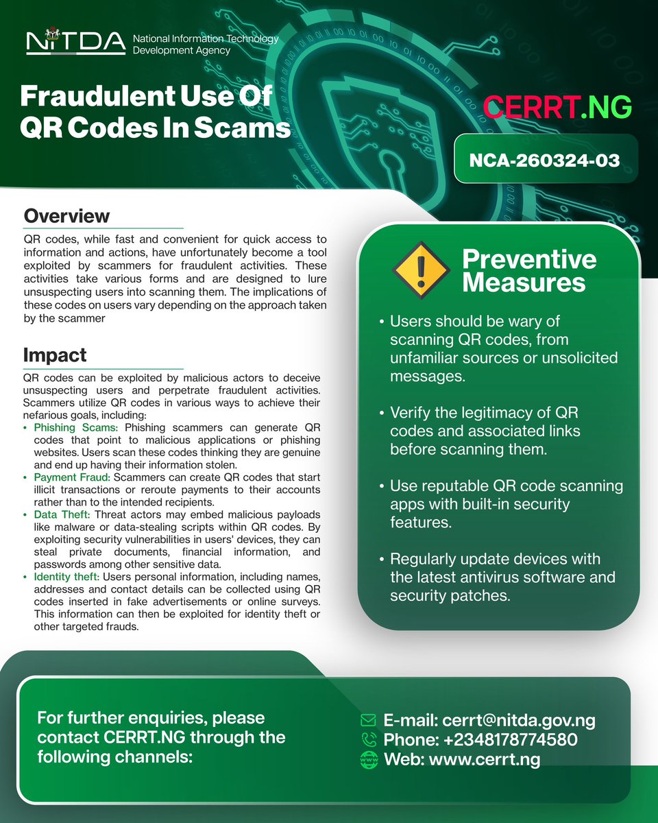 Fraudulent Use Of QR Codes In Scams⚠️ QR codes, while fast and convenient for quick access to information and actions, have unfortunately become a tool exploited by scammers for fraudulent activities. These activities take various forms and are designed to lure unsuspecting…