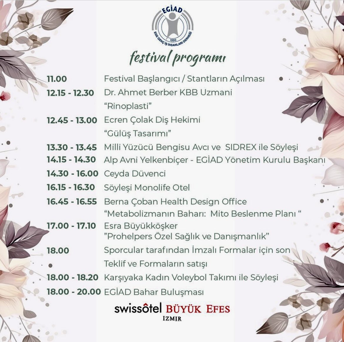 EGİAD Bahar Festivali. Herkese açık ve ücretsiz. Ünlü tasarımcılar, söyleşiler, sürprizler… 3 Nisan 2024 Çarşamba 10.00-18.00 saatleri arasında. Swiss Otel Büyük Efes İzmir Bahçesi  <a href="/egiad/">EGİAD</a>_bahar_festivali @egiad <a href="/alisbey77/">ali kolcu</a> @swissotelizmir
